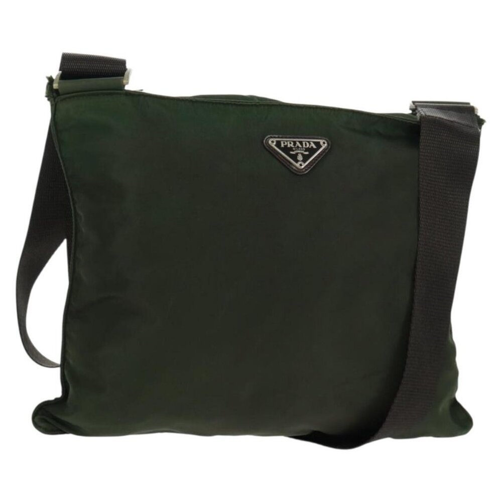 Authentic PRADA Shoulder Bag Nylon Khaki Silver